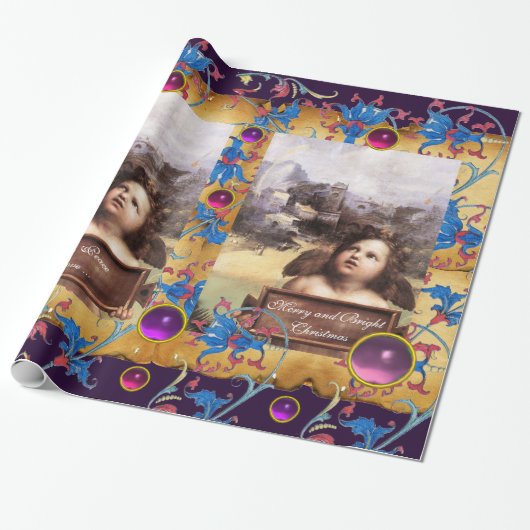 KERST ENGEL, ROOD BLAUW BLOEMPERKAMENT ROZE EDELST CADEAUPAPIER (Uitgerold)