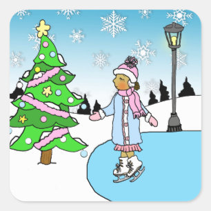Kerst etnisch Ice Skater op Snowy Winter Day Vierkante Sticker