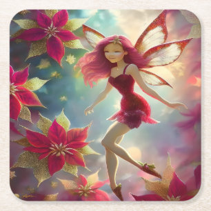 Kerst Fairy Collectie - Roos Rood Haar Vierkante Kartonnen Onderzetter