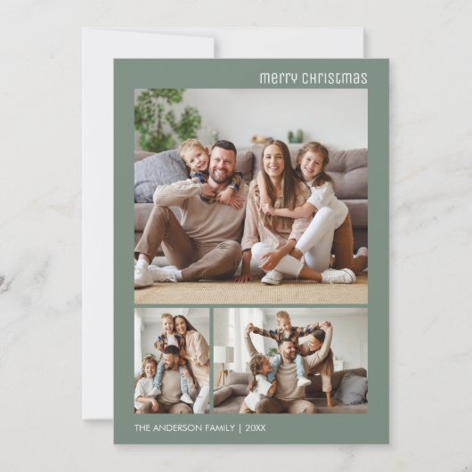 Kerst Familie Foto Collage Sage Groen Minimaal Feestdagenkaart (Voorkant)