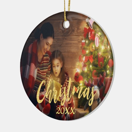 Kerst familie foto gouden schrift keramisch ornament (Links)