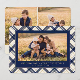 Kerst Familie Foto in Marine Blauw Schotse Ruit Feestdagenkaart