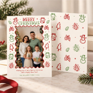 Kerst Familie Foto Rood Groen Doodle Rand Feestdagenkaart