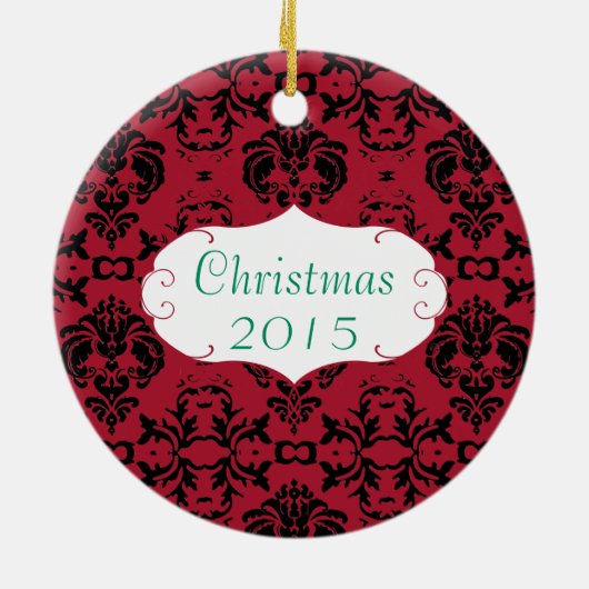 Kerst Familiefoto Rode Bloemen Damast Keramisch Ornament (Achterkant)
