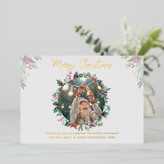 Kerst Familiefoto Rustiek Plaid Goud Folie Feestdagenkaart (Staand Voorkant)