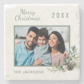 Kerst familiefoto witte dennenappel groen stenen onderzetter (Voorkant)