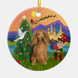 Kerst Fantasie - Langharige Sable Dachshund Keramisch Ornament