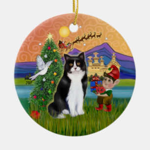 Kerst Fantasie - Zwart-witte Tuxedo kat Keramisch Ornament