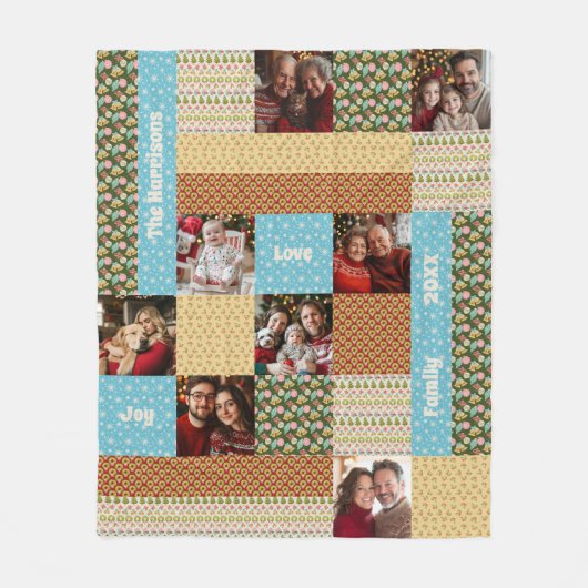 Kerst Faux Patchwork Keepsake Foto familie Fleece Deken (Voorkant)
