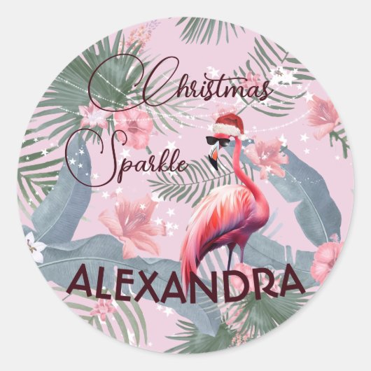 Kerst Flamingo Tropisch Persoonlijk Ronde Sticker (Voorkant)