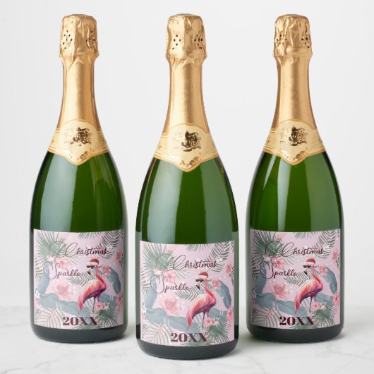 Kerst Flamingo Tropisch Persoonlijk Sparkling Wijnetiket (Flessen)
