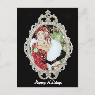 Kerst Flapper Girl Schitterende Rode & Gouden Jurk Briefkaart