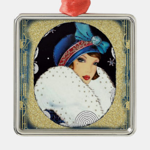 Kerst Flapper Meisje Grote Witte Bontjas Metalen Ornament