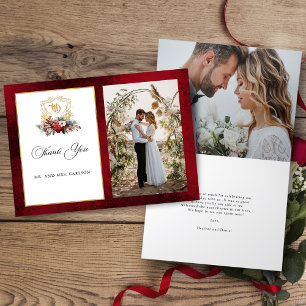 Kerst Floral Crest Monogram Foto Huwelijk Bedankkaart