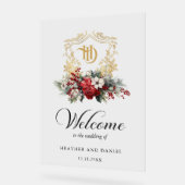 Kerst Floral Crest Monogram Huwelijk Welkom Acryl Bord (Hoek)