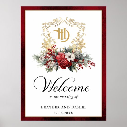 Kerst Floral Crest Monogram Huwelijk Welkom Poster (Voorkant)