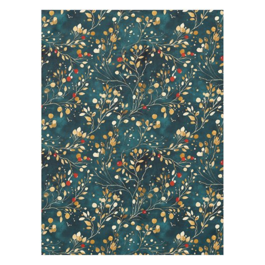 Kerst Floral Goud, Wit met rode bessen Tafelkleed (Voorkant)