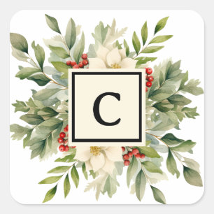 Kerst Floral Monogram Letter Vierkante Sticker