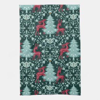 Kerst Folk Art Rood rendier en boom Theedoek