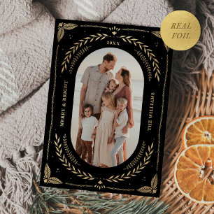 Kerst Folk Art Vakantie Foto Zwart Goud Folie Uitnodiging