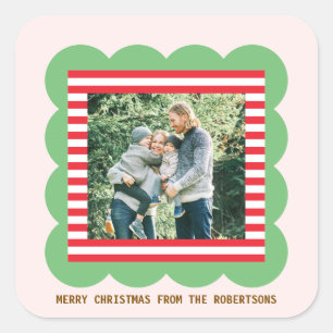 Kerst foto met rode strepen en gegolfde rand vierkante sticker