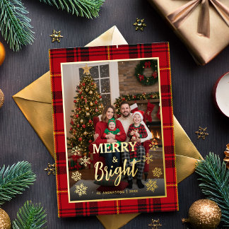 Kerst Foto met Rood Schots Geruit Merry and Bright Folie Feestdagenkaart
