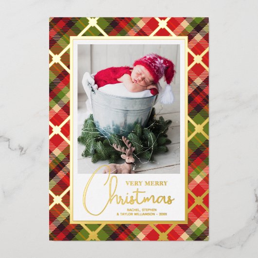 Kerst Foto Plaid Goud Folie Feestdagenkaart (Voorkant)