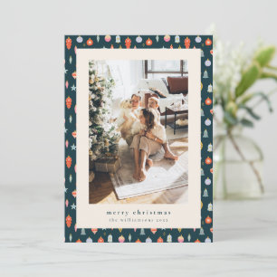 Kerst Foto van Familie met Vintage Ornament Patroo Feestdagenkaart