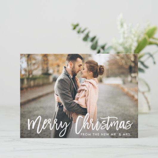 Kerst Fotoborstel Script Nieuwe Mr en Mrs Kaart (Staand voorkant)