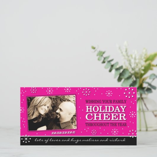 Kerst fotokaart in hete roze feestdagenkaart (Staand voorkant)