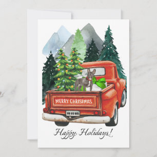 Kerst Franse Bulldog & Oude Truck Waterverf Feestdagenkaart