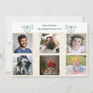 Kerst Franse Hoorn Gouden Confetti & 6 Foto's Feestdagenkaart