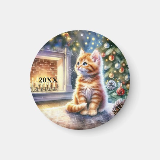 Kerst Geel Gestreepte Kitten Magnet Magneet (Voorkant)