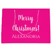 Kerst Gepersonaliseerd Vrolijk Kerstmis Heet Roze Groot Cadeauzakje (Voorkant)