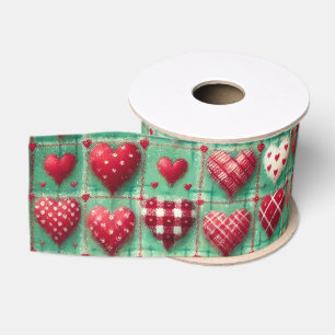 Kerst Gewatteerde Harten Groen Rood Wit  Grosgrain Lint