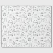 Kerst Giftwrap Schattige Kawaii Doodle Zwart Wit Cadeaupapier (Vlak)