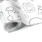 Kerst Giftwrap Schattige Kawaii Doodle Zwart Wit Cadeaupapier (Rol Hoek)