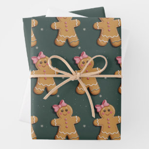 Kerst Gingerbread Meisje Roze Strik Coquette  Inpakpapier Vel
