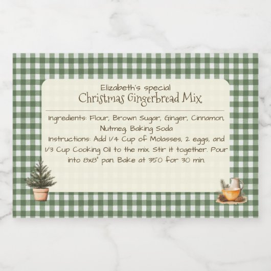 Kerst Gingerbread Mix Groene Gingham Labels Voedselcontainer Etiket (Enkel label)
