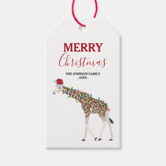 Kerst Giraffe Funny Animal met Santa Hat Kaart Cadeaulabel (Voorkant)
