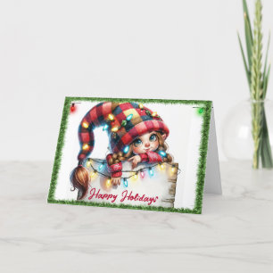 Kerst Girly Gnome met Plaid Pet Feestdagen Kaart