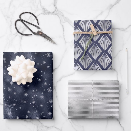 Kerst Glam Sneeuwvlok Patroon Navy Blauwe Zilver Inpakpapier Vel (Voorkant)