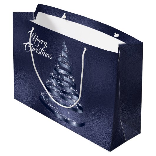 Kerst Glanzende Blauwe Ribbon Tree Sparkle Groot Cadeauzakje (Achterkant Gekanteld)