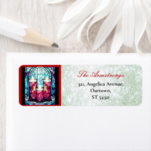 Kerst Glas in lood Drie Kaars Groene Glitter Etiket (Insitu)