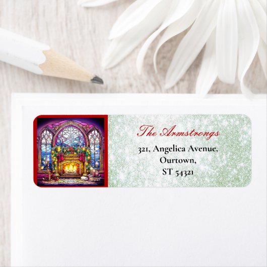 Kerst Glas in lood open haard Groen Glitter Etiket (Insitu)