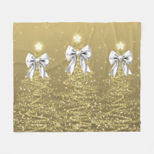 Kerst glinsterende bomen goud namaak zilveren boog fleece deken (Voorkant (Horizontaal))