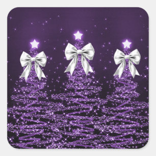 Kerst glinsterende bomen paarse nepsil satijnen st vierkante sticker