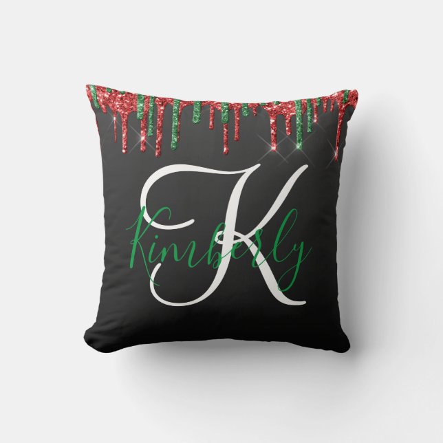 Kerst Glitter Monogram op zwart Kussen (Voorkant)