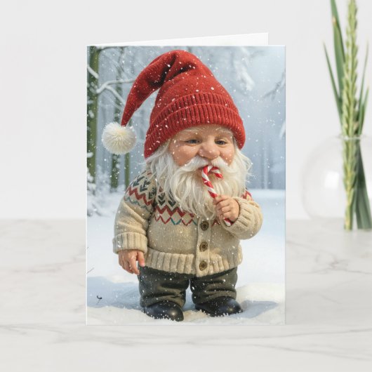 Kerst Gnome Genieten van een Candy Cane Kaart (Voorkant)