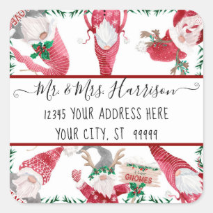 Kerst Gnome Herten Antler Rode Waterverf Adres Vierkante Sticker